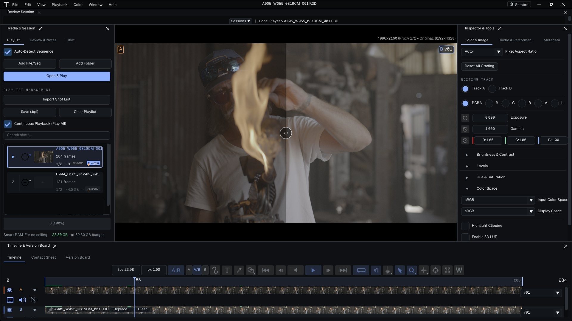 Bernard Review in Dark mode: a shot in A/B comparison with the wipe in the middle, the playlist on the left, the colour panel on the right and the timeline below.
